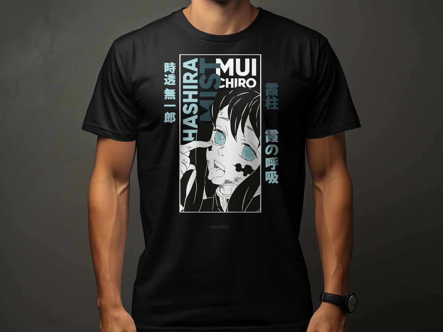 "Embrace the strength of Muichiro with our exclusive DEMON SLAYER printed t-shirt! Crafted from 180GSM 100% cotton with a luxurious bio finish, this premium-quality MUICHIRO -DEMON SLAYER-Unisex