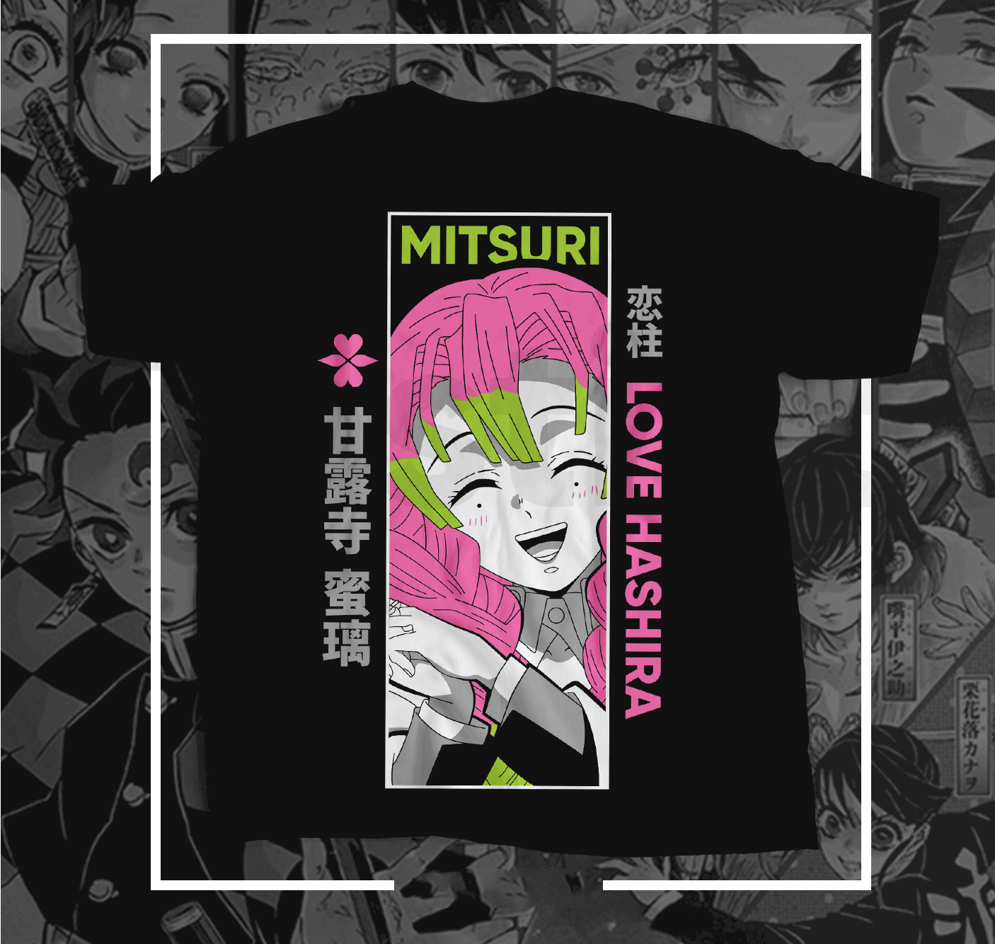 "Unleash the elegance of Mitsuri with our exclusive DEMON SLAYER printed t-shirt! Crafted on 180GSM 100% cotton with a luxurious bio finish, this premium-quality garMITSURI -DEMON SLAYER-Unisex