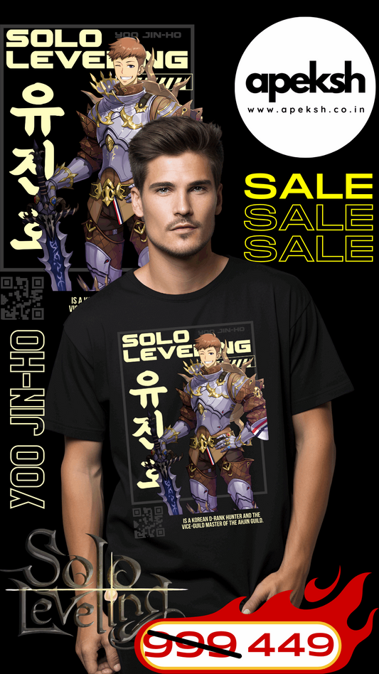 "Embrace the charisma of Yo Jin-Ho with our exclusive SOLO LEVELING printed t-shirt! Crafted on 180GSM 100% cotton with a luxurious bio finish, this premium-quality YO JIN-HO - SOLO LEVELING- UNISEX