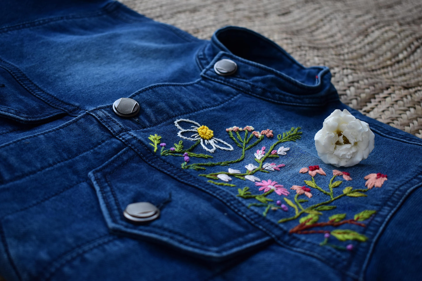 Product Description

To prolong the life of your denim garments, always wash them inside out at low temperatures with similar colors. In this way, we can help reduceUnisex Embroidered Denim Jacket