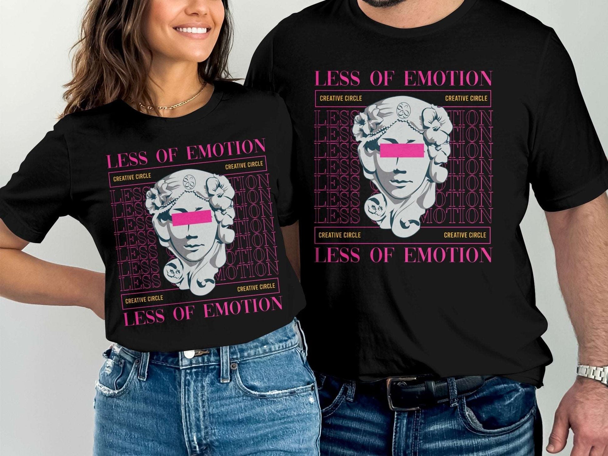 "Embrace the essence of urban expression with our 'Less of Emotion' Streetwear Unisex T-Shirt. Crafted from premium 100% cotton and weighing 180GSM, this black half-EMOTION-STREETWEAR-Unisex