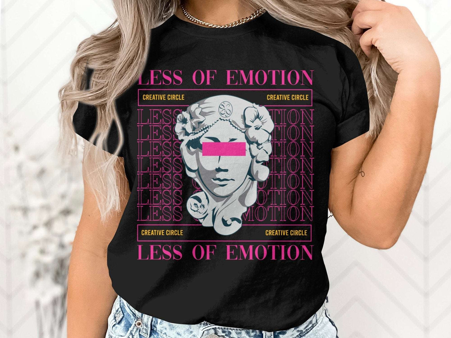 "Embrace the essence of urban expression with our 'Less of Emotion' Streetwear Unisex T-Shirt. Crafted from premium 100% cotton and weighing 180GSM, this black half-EMOTION-STREETWEAR-Unisex