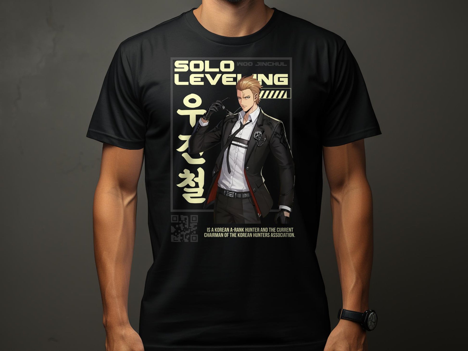 "Channel the might of Woo Jinchul with our exclusive SOLO LEVELING printed t-shirt! Crafted on 180GSM 100% cotton with a luxurious bio finish, this premium-quality gWOO JINCHUL - SOLO LEVELING- UNISEX