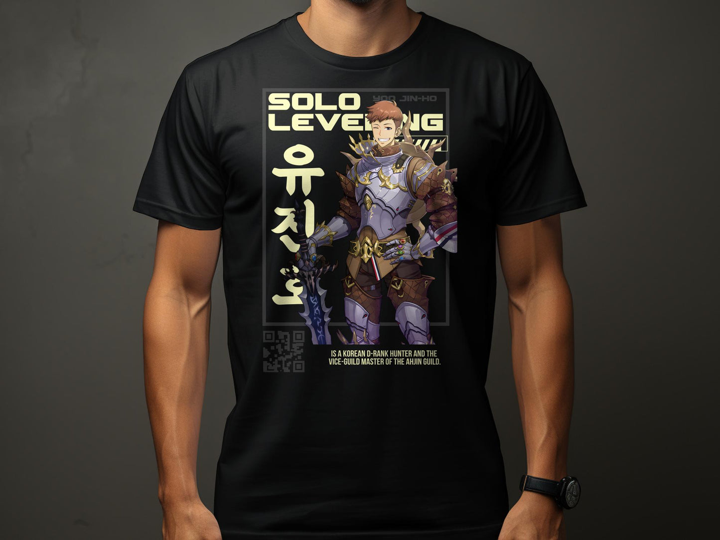 "Embrace the charisma of Yo Jin-Ho with our exclusive SOLO LEVELING printed t-shirt! Crafted on 180GSM 100% cotton with a luxurious bio finish, this premium-quality YO JIN-HO - SOLO LEVELING- UNISEX