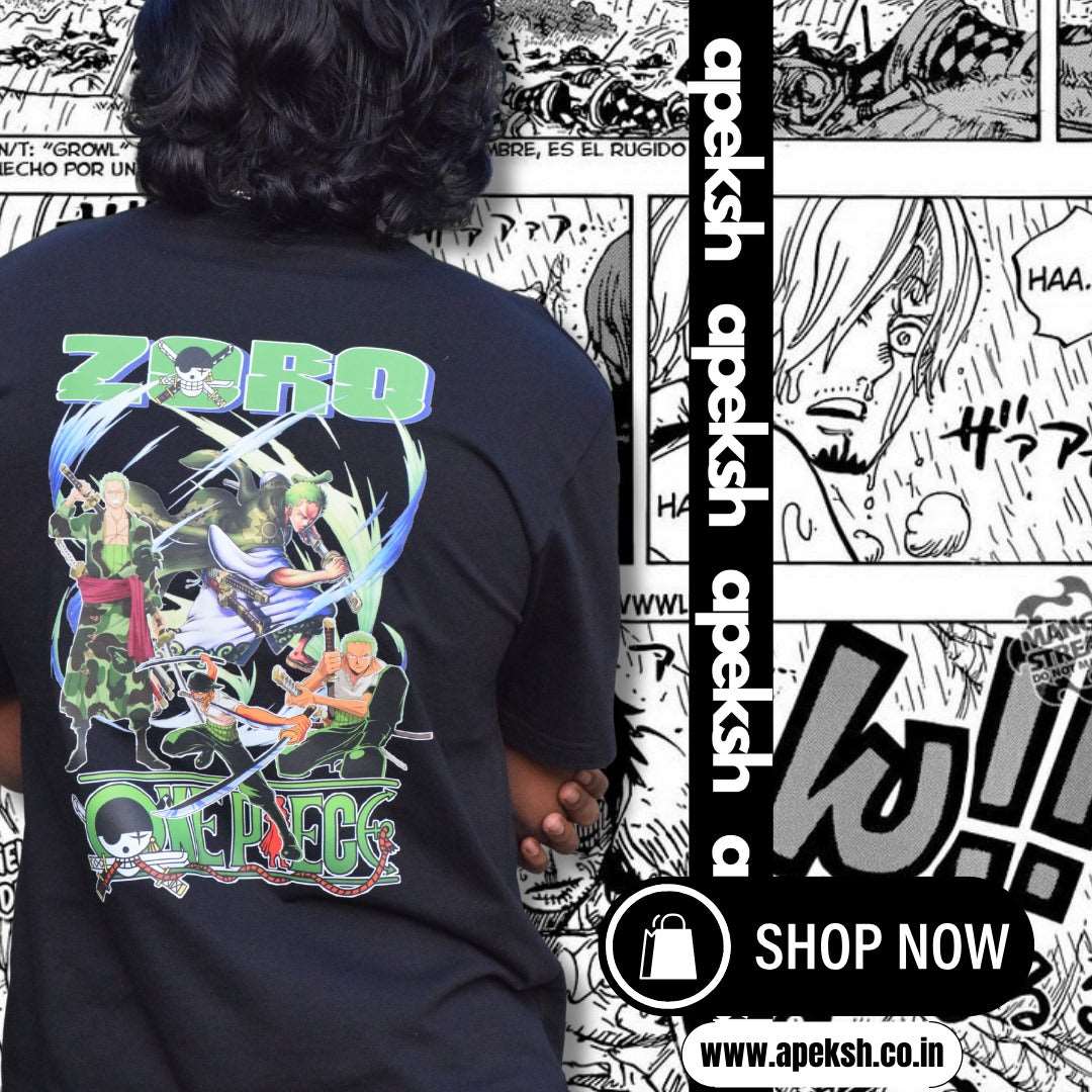 Set sail with our Zoro One Piece Anime T-Shirt, exclusively available at APEKSH. Embrace the spirit of adventure and swordsmanship with this tribute to the legendaryZORO FRONT & BACK-