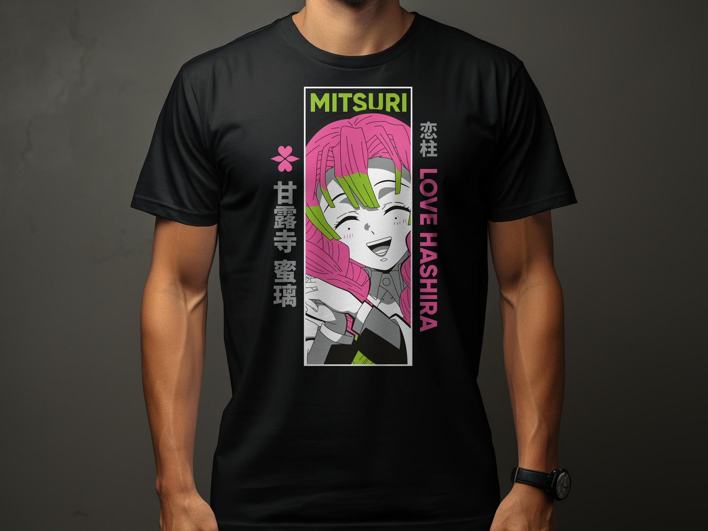 "Unleash the elegance of Mitsuri with our exclusive DEMON SLAYER printed t-shirt! Crafted on 180GSM 100% cotton with a luxurious bio finish, this premium-quality garMITSURI -DEMON SLAYER-Unisex