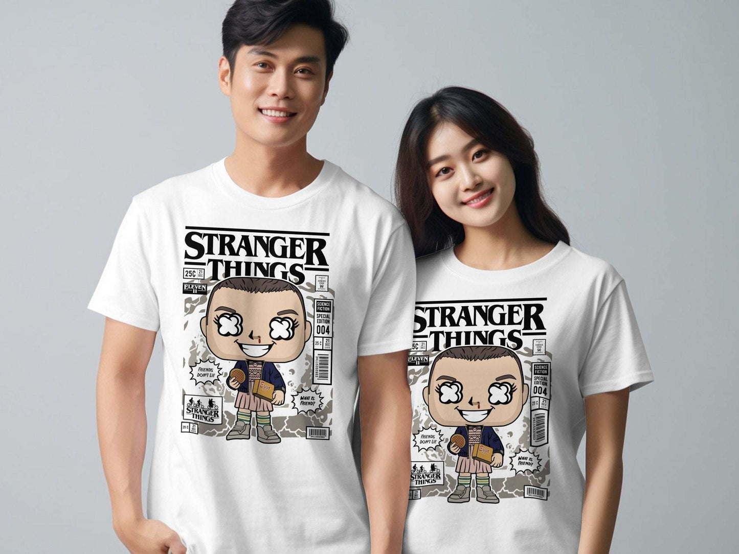 "Step into the supernatural world of Stranger Things with our exclusive Eleven printed t-shirt, now available in crisp white! Designed for ultimate comfort and styleSTRANGER THINGS-ELEVEN- Unisex