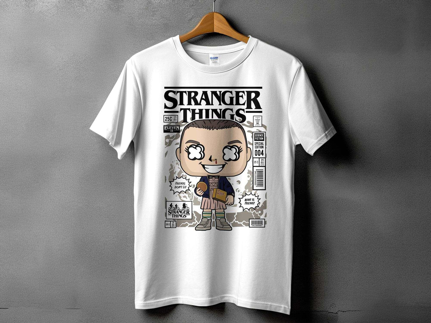 "Step into the supernatural world of Stranger Things with our exclusive Eleven printed t-shirt, now available in crisp white! Designed for ultimate comfort and styleSTRANGER THINGS-ELEVEN- Unisex