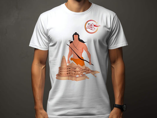 Elevate your devotion with our exclusive Shree Ram &amp; Ram Mandir Ayodhya T-Shirt. Crafted from premium 100% cotton fabric and weighing 180GSM, this half-sleeve t-